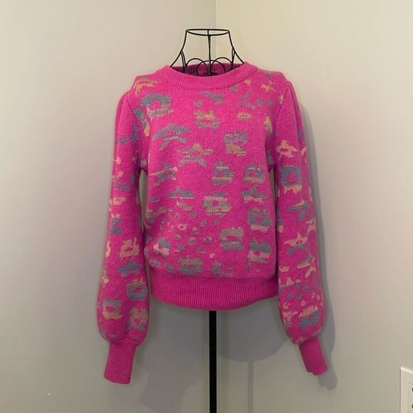 FATE PINK LEOPARD PUFF SLEEVE SWEATER | size M - Picture 3 of 10
